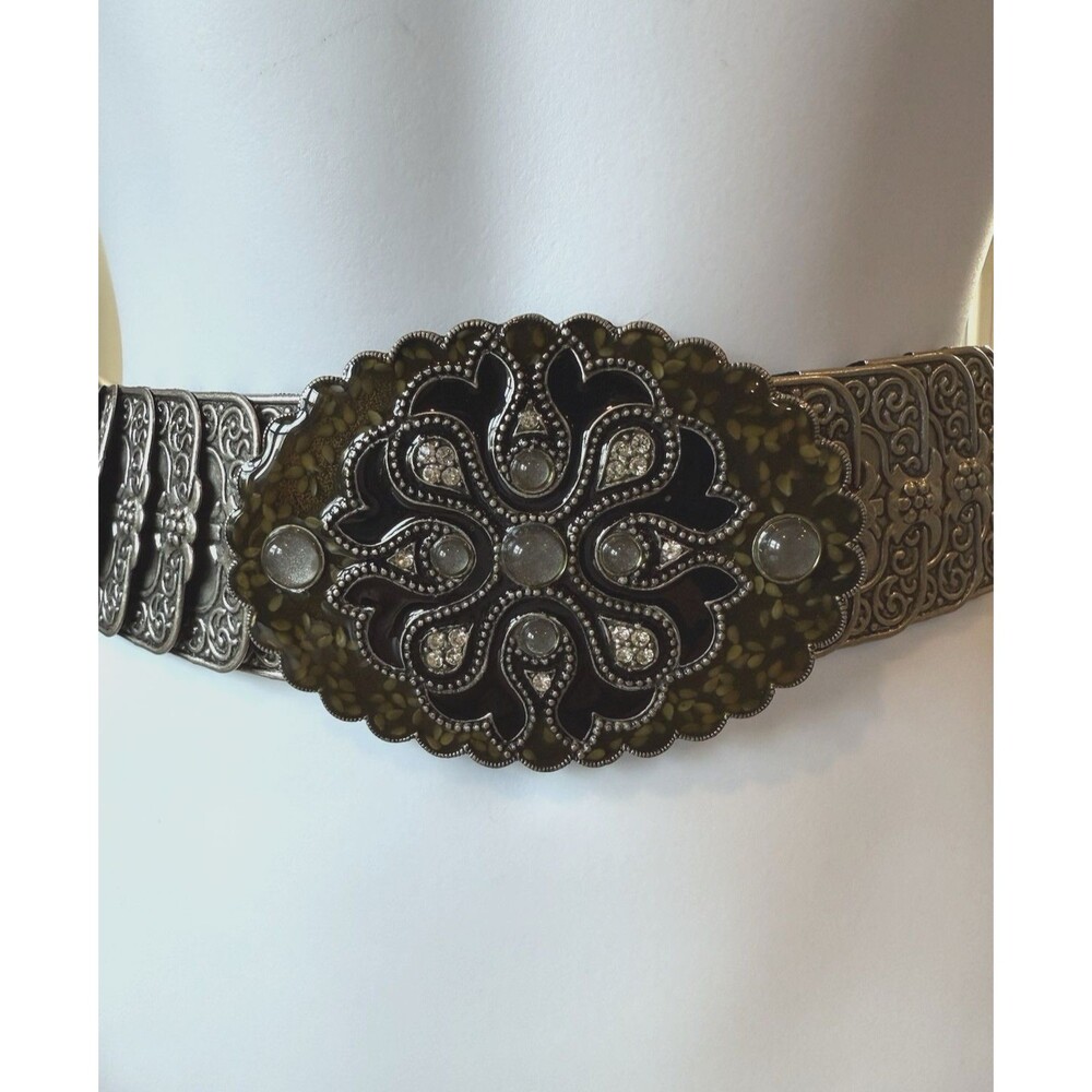 Belt OSFM Metal Silver Tone Elastic Stretch Oval Buckle w/ Enamel & Bling Vtg - Picture 2 of 16